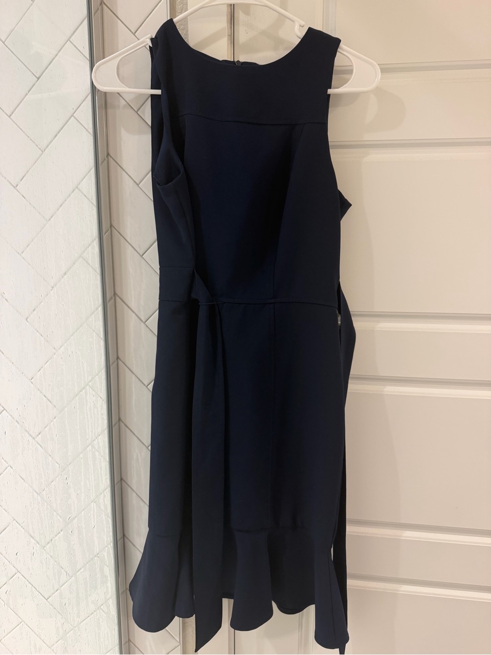 London Times Navy Blue Sleeveless Midi Dress Flounce Hem Tie Waist Belt Size 4